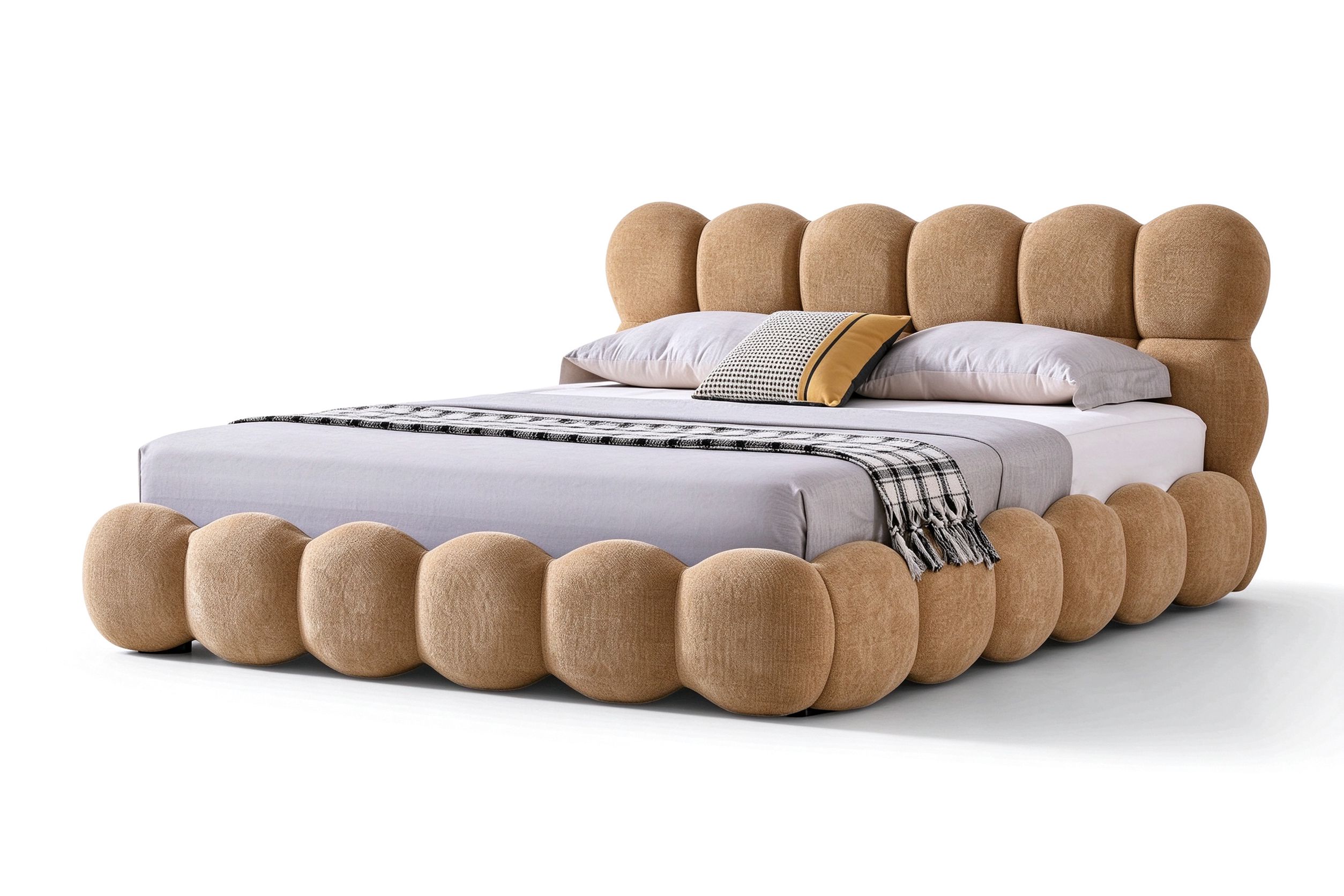 Puff caramel fabric bubble bed with rounded spherical upholstery