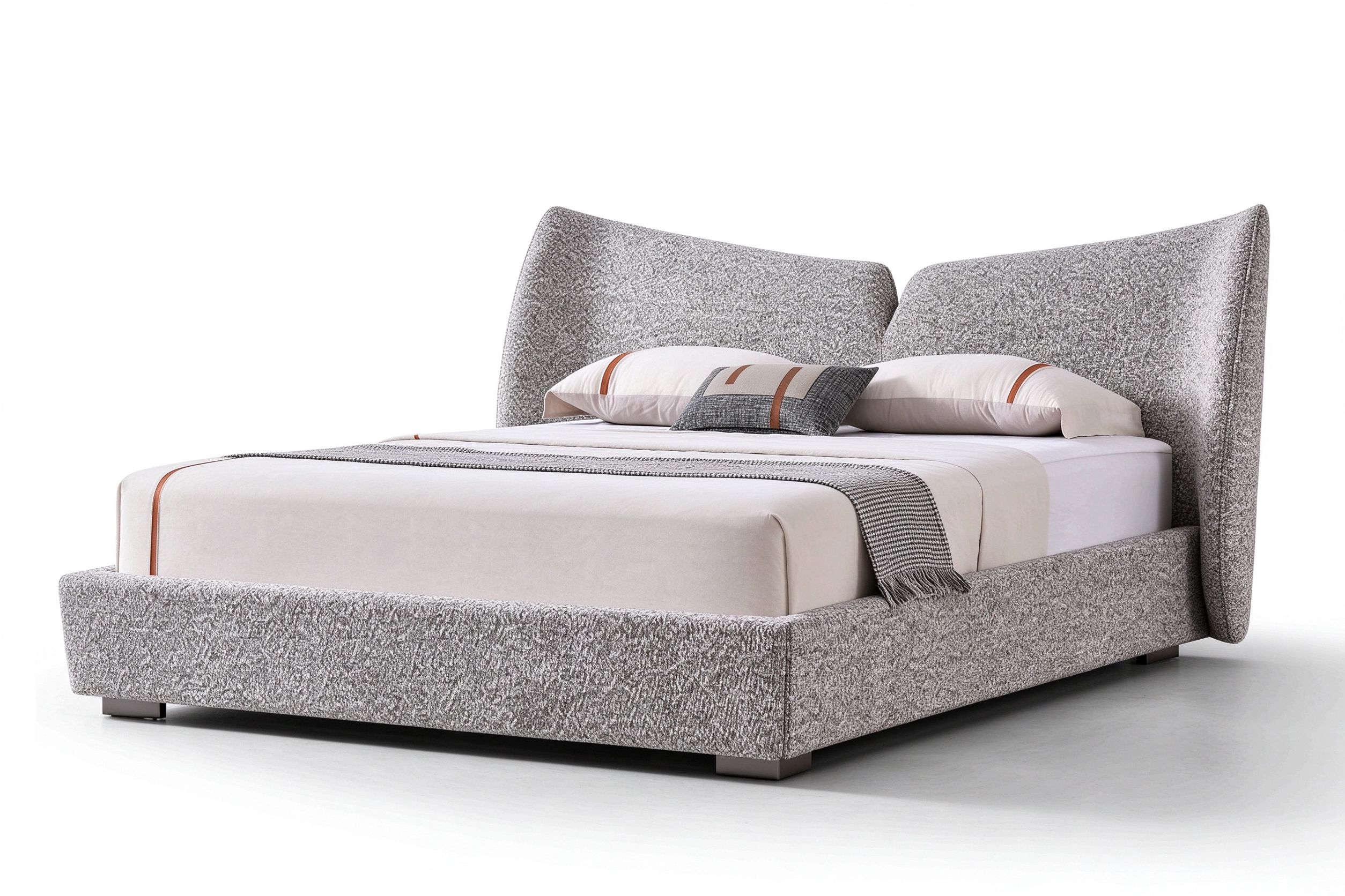 Flint grey mixed-weave fabric bed with split high wing-shaped headboard