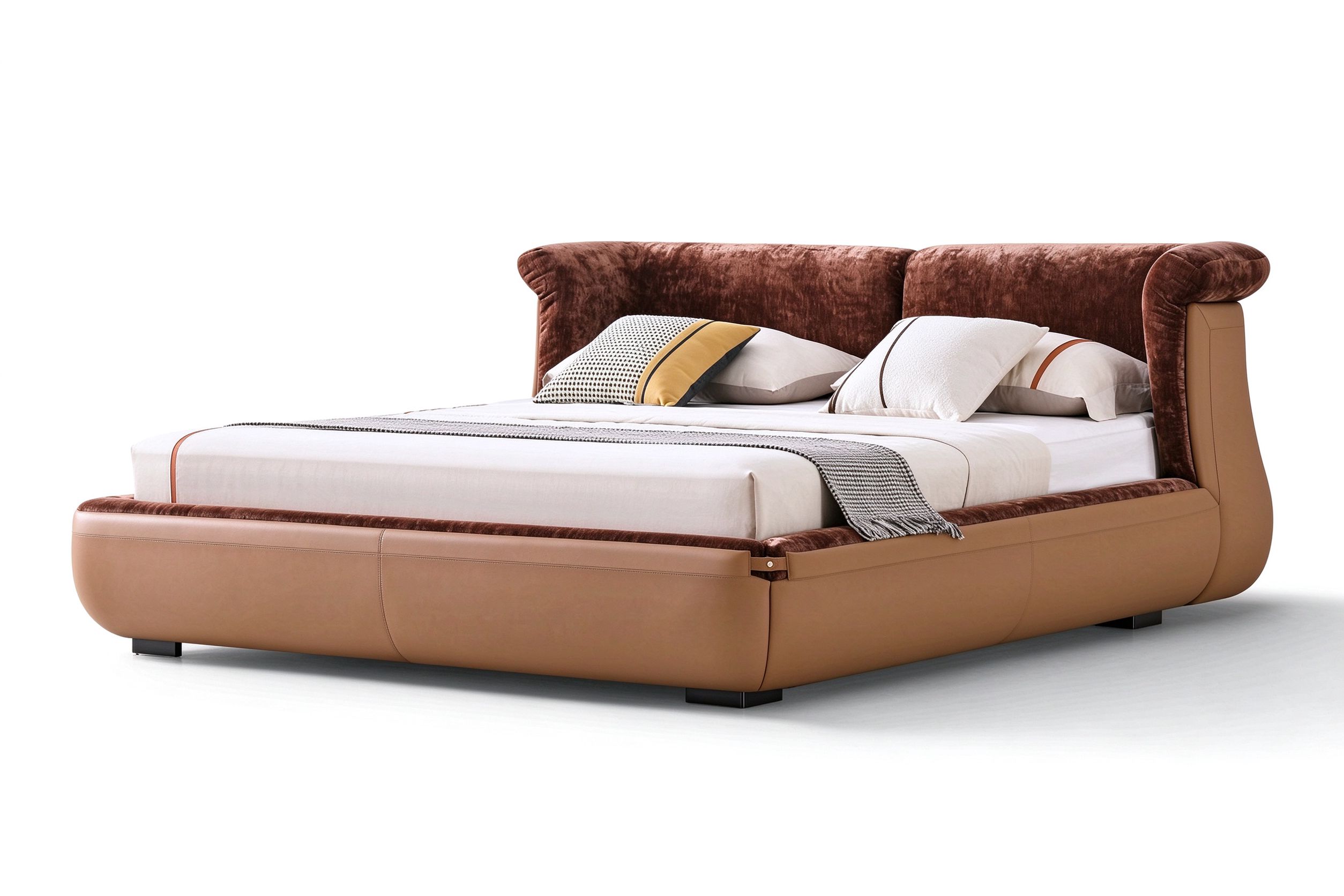 Marlow tan leather bed with dark brown chenille rolled-arm headboard