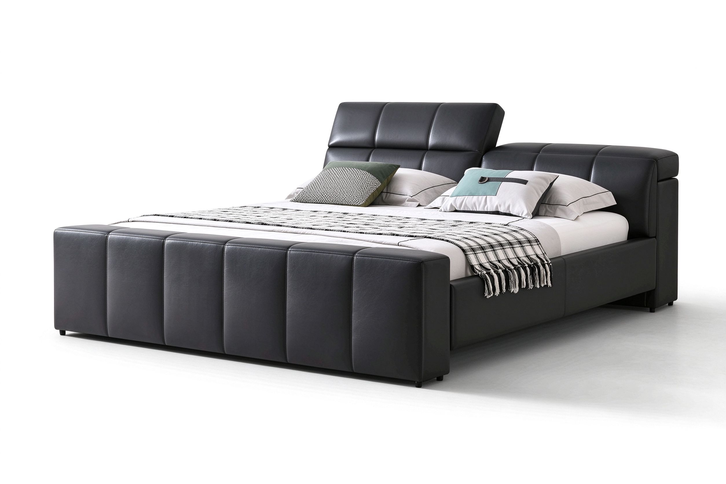 Blade black leather functional bed with square padded grid and adjustable backrest