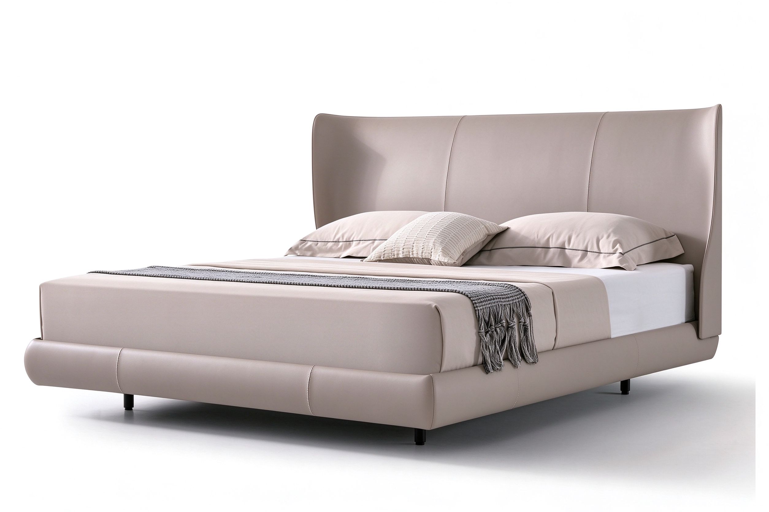 Ember light taupe saddle leather bed with curved headboard