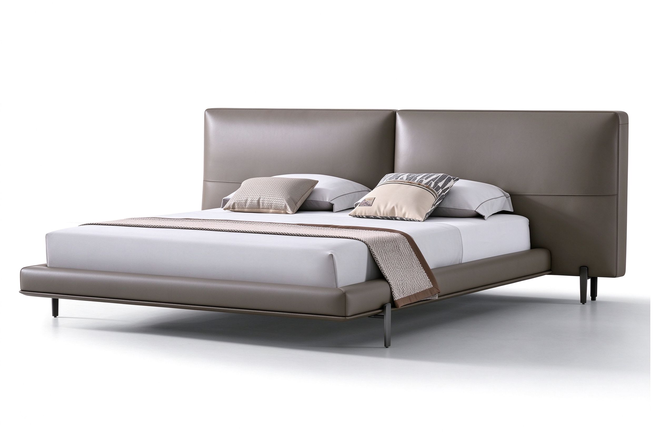 Halo taupe grey leather bed with split flat headboard and floating base